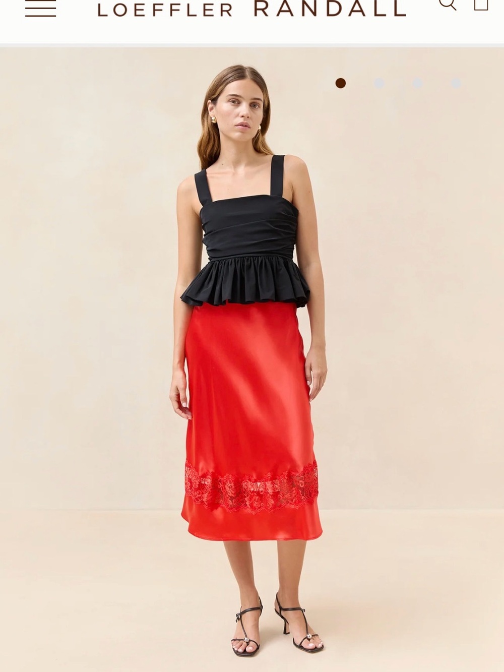 Loeffler Randall Red Saskia Silk Midi Skirt with Lace Hem